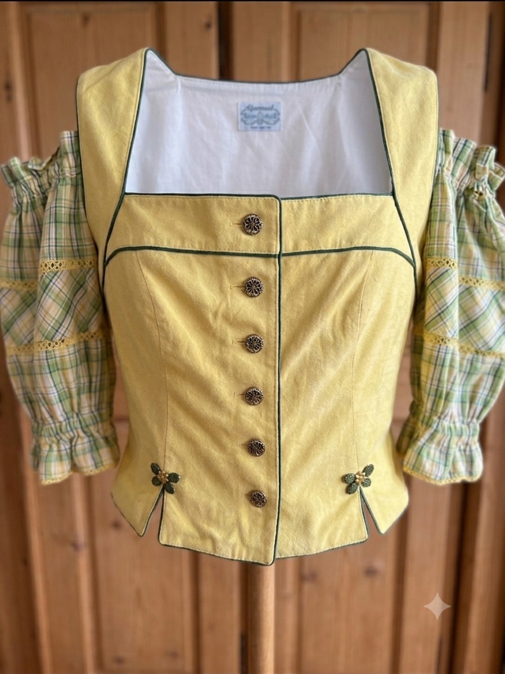 M&G Traditional Dirndl Blouse, Yellow with Plaid Sleeves